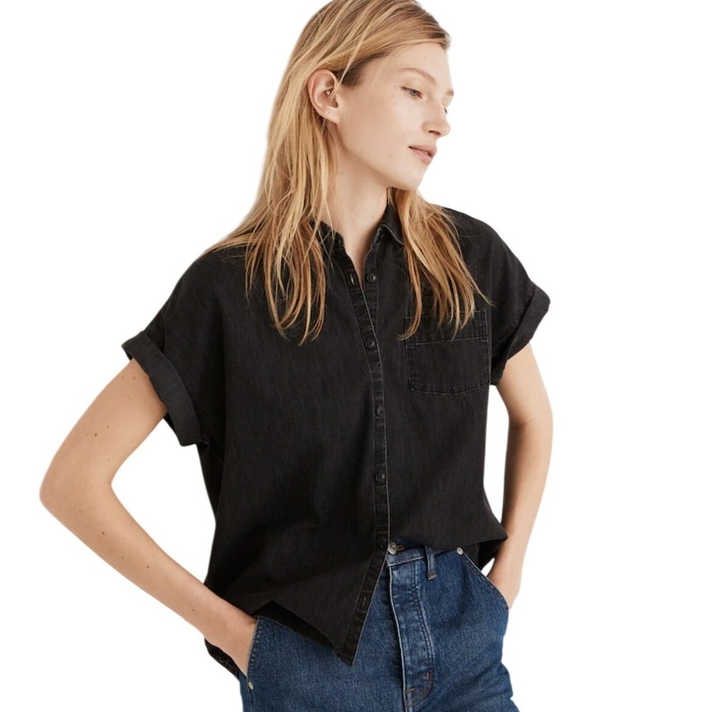 Madewell Central Shirt Womens XS Black Denim Short Sleeve Button Up Oversized